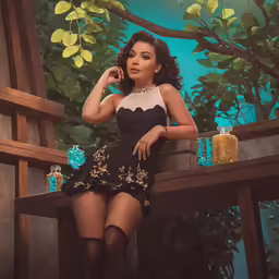 a woman sitting on a bench posing for the camera