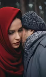 a woman wearing a red scarf is kissing a man with a red cap on