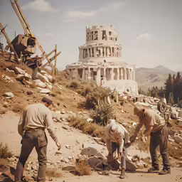 three men looking at the remains of an abandoned tower