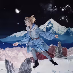 a woman flying in the air on top of snow