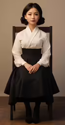 a woman in a dress sits on a chair