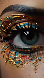 an ornate eye with gold and blue colors,a woman