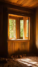 sun shines through the window of a run down house,the sun is shining in a very dark room