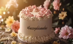 a birthday cake that reads happy birthday with a bunch of flowers around it