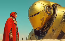 the old man dressed as a knight stands next to a giant robot