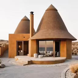 a couple of small houses sitting on top of cement