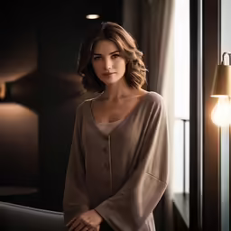the young woman is leaning against the wall by the lamp
