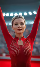 a young woman in a red gymnastics outfit stands at the stadium