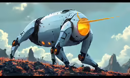 an artificial creature with its legs spread out standing on a rocky hillside