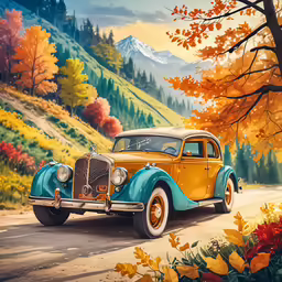 a painting of an old vintage yellow and blue car on the road