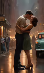 a man and woman kissing on the street in front of people