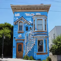 an unusual looking blue house with steps to the top