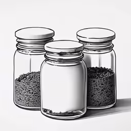 three jars and one bowl of dirt sitting next to each other