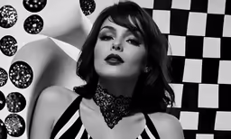 black and white image of woman in halter top with patterned wall