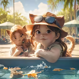 two little children with goggles and hats in a swimming pool