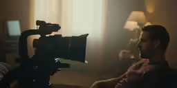 the photographer is working on his camera in the hotel room