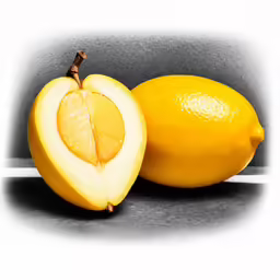 two lemons sitting next to each other and a half of a lemon