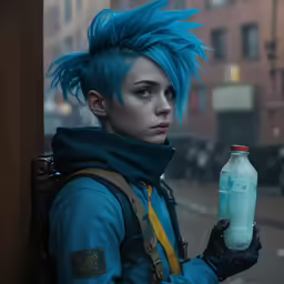 a girl is holding a bottle in one hand