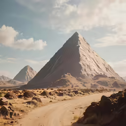 mountain landscape showing desert terrain and dirt road with mountains in the background