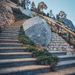 a set of stairs leading up to some big rocks