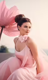 a woman in a pink gown sitting down