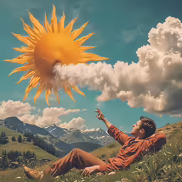 a man sitting in grass holding his hand up in front of a yellow sun