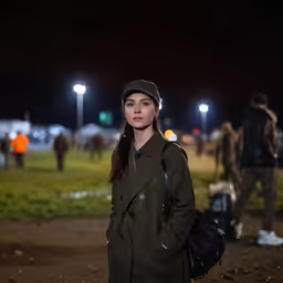 a woman in a long jacket standing near the field