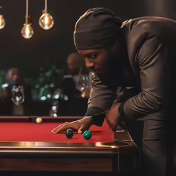 a person with a turban leaning over a pool table