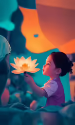 a little girl standing next to a woman with a flower