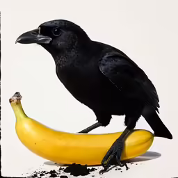 a bird standing on a banana with black feathers