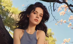 a woman is sitting in the tree looking at something