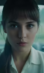 a woman is looking into the camera while wearing a shirt