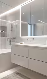 a big bath room with a long white counter