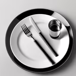 the black and white plate is set with a fork and knife