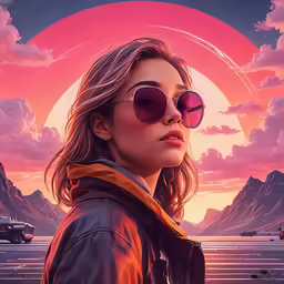 a young woman in sunglasses standing with a background of mountains and vehicles