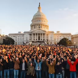 a large group of people with their arms raised and arms raised