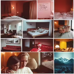 a series of photographs showing a hotel room with mountains