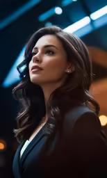 a woman is looking up in the air