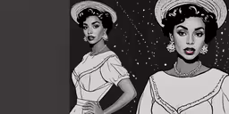 an old fashion illustration of two woman in hats and dress,a drawing of a woman in a white dress