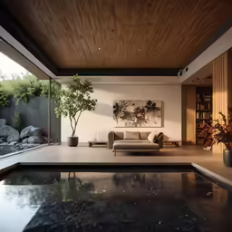 the view from an indoor living area into a pool