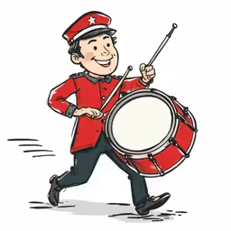 a man in a red uniform running with a drum and a drum