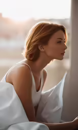 woman in white dress laying down on bed looking into distance