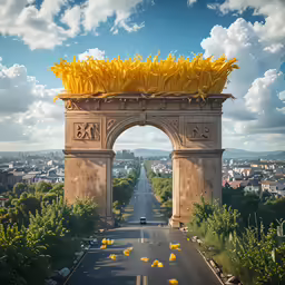 a huge arch with bananas on it over looking the street