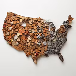 a bunch of buttons and magnets arranged into the shape of the united states