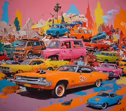 a big colorful painting with some old cars,an art show featuring colorful old cars and paintings