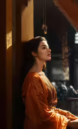 a woman in a brown dress is sitting