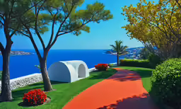 a pathway leading to the sea near some trees and water