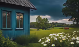 a cloudy sky over a grassy field next to a small blue cabin