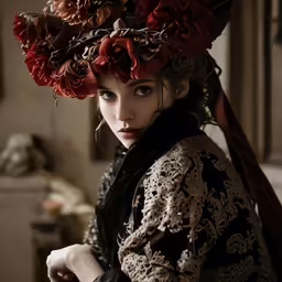 a woman wearing a hat made of flowers