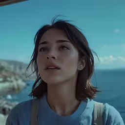 a woman staring into the distance over a large body of water